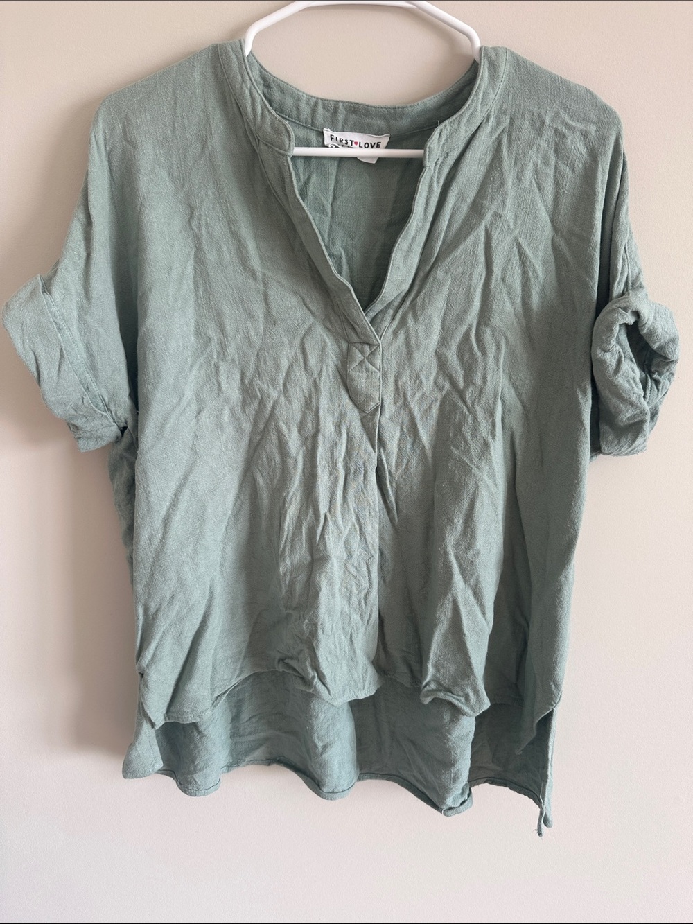 First Love Light Sage Relaxed V-Neck Linen Tunic